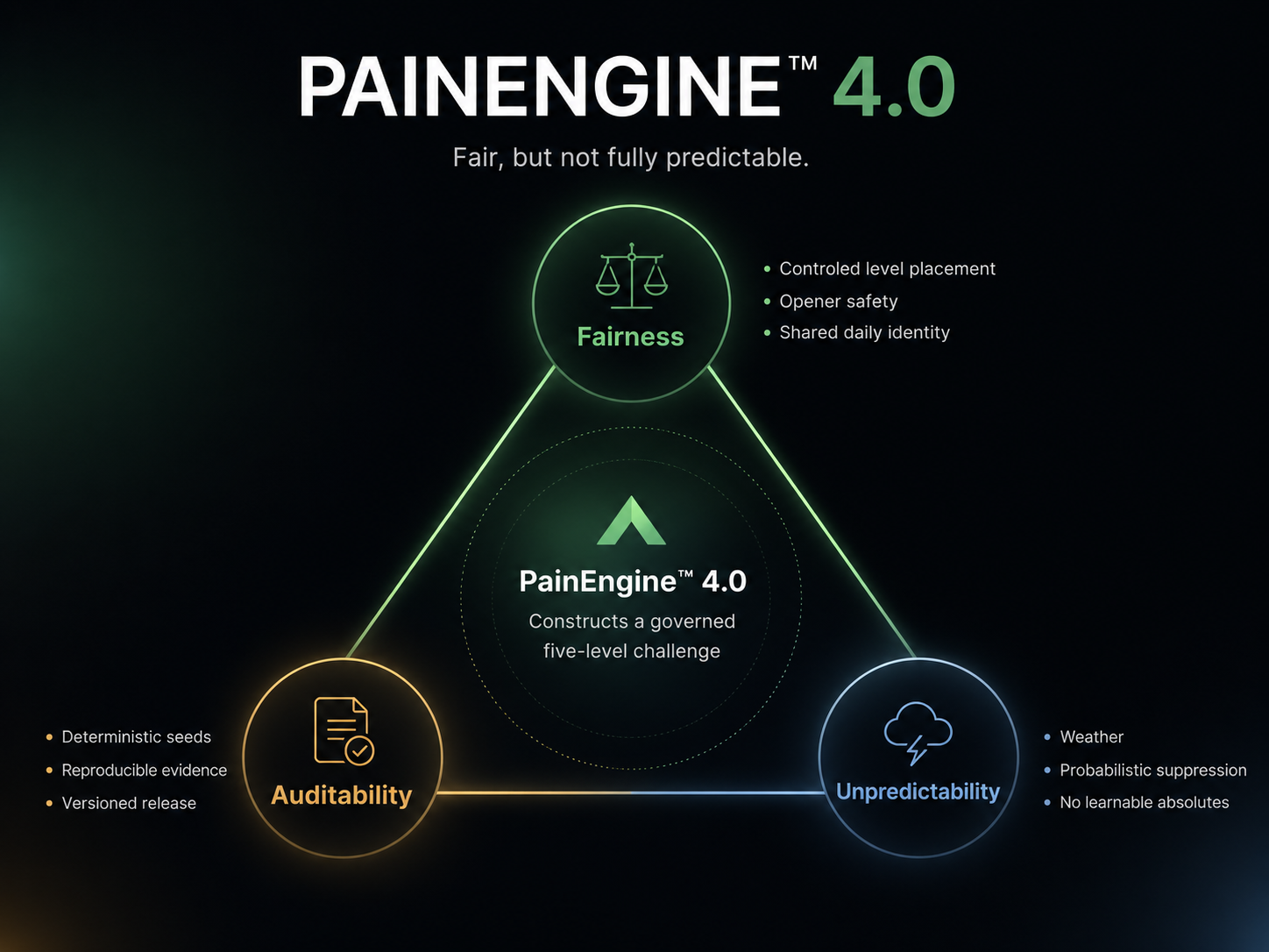 PainEngine 4.0 diagram balancing Fairness, Unpredictability and Auditability around a governed five-level challenge.