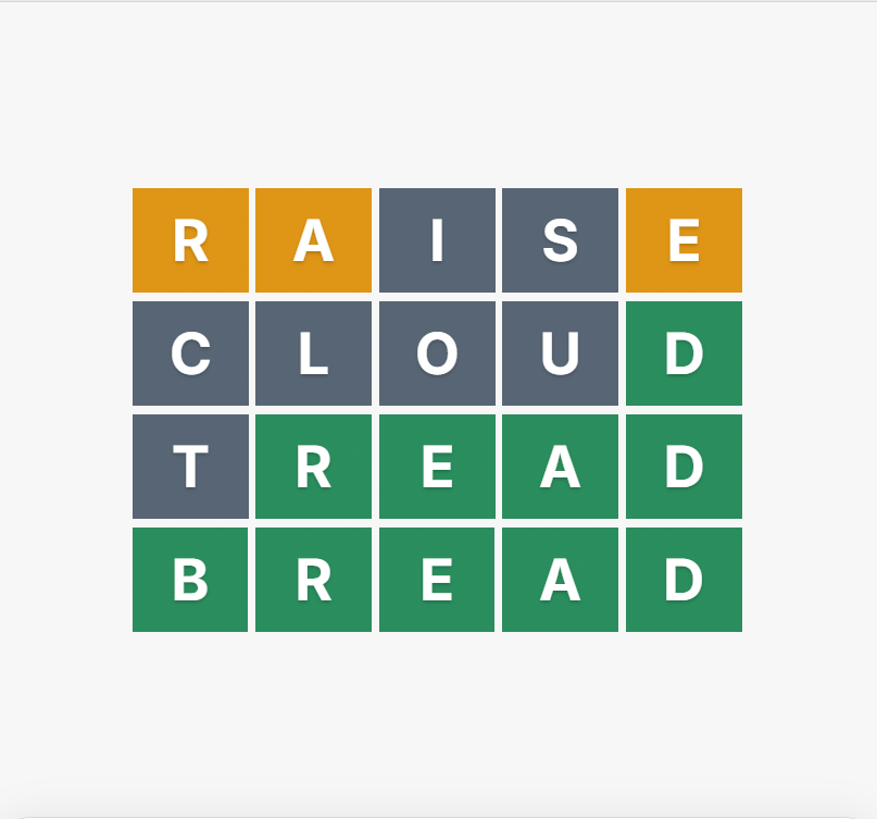 Ascendle board showing amber, grey and green feedback across successive guesses before BREAD is solved.