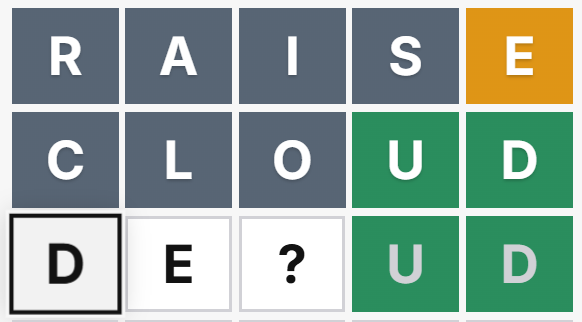 Ascendle active row showing DE question-mark UD as a tested word shape.